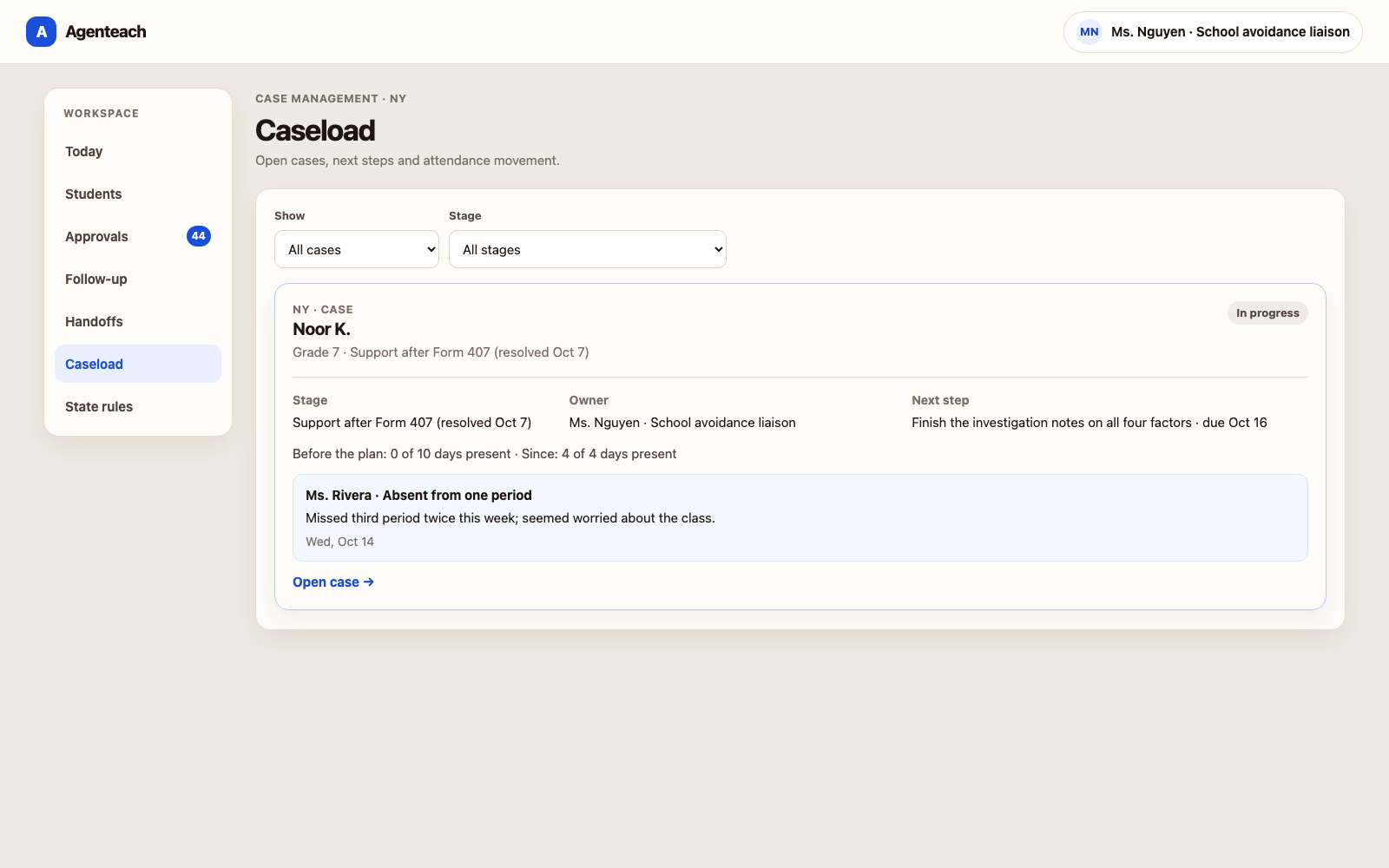 The Agenteach prototype: a school avoidance liaison’s caseload, where a teacher’s note about a student appears on the open case.